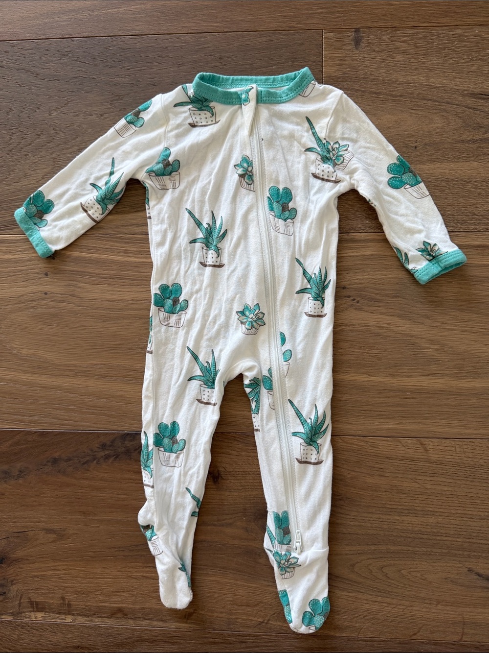 Kyte BABY White Footed One-Piece with Teal Cactus Print